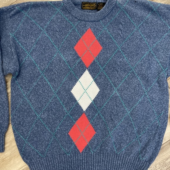 Vintage 90s Eddie Bauer Sweater Men's L Argyle Knit Crewneck Blue Red Diamond - Picture 2 of 4